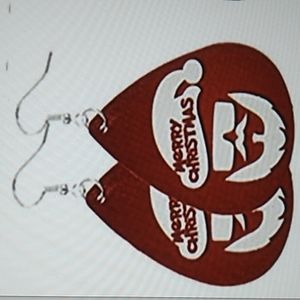 1.5 x 3 inches punched fake leather earrings Merry Christmas in Red w Santa